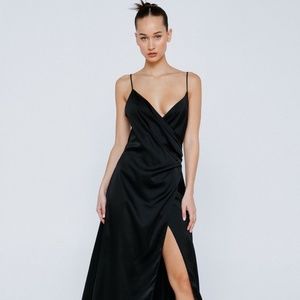 Satin V Neck Wrap Maxi Dress-Black